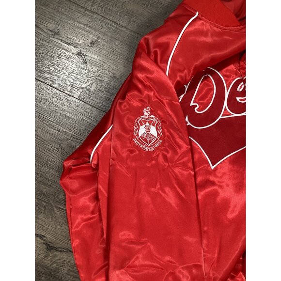 Delta Box 13 Unisex Red Satin Size XXL Bomber Jacket Embroidered Theta Sorority - Picture 8 of 10